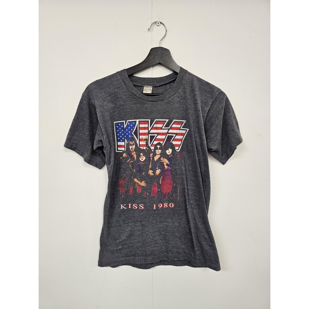 Vintage KISS Shirt Mens Large Gray 1980 Tour American Flag Rock Band‎ Tee 80s
